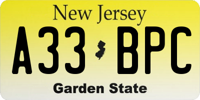 NJ license plate A33BPC