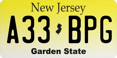 NJ license plate A33BPG
