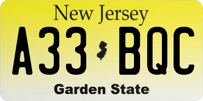 NJ license plate A33BQC