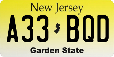 NJ license plate A33BQD
