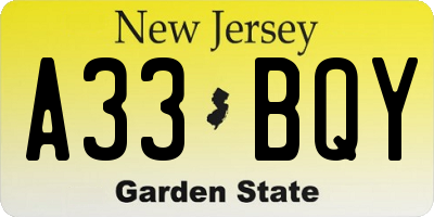 NJ license plate A33BQY