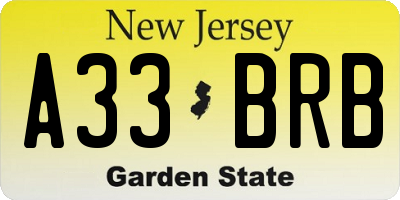 NJ license plate A33BRB