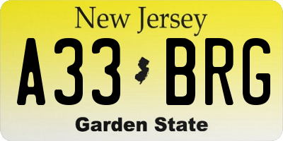 NJ license plate A33BRG