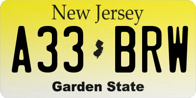 NJ license plate A33BRW