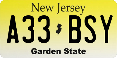NJ license plate A33BSY