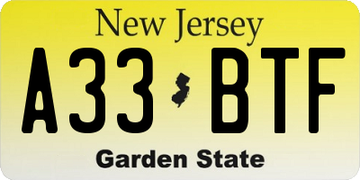 NJ license plate A33BTF