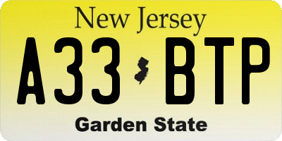 NJ license plate A33BTP