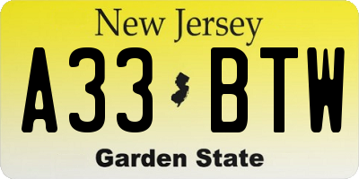 NJ license plate A33BTW