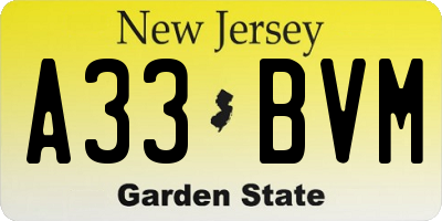 NJ license plate A33BVM