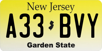 NJ license plate A33BVY