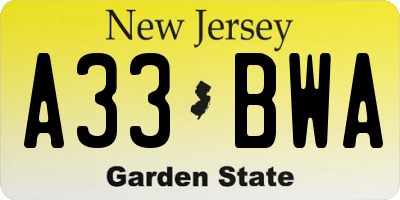NJ license plate A33BWA