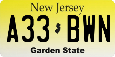 NJ license plate A33BWN