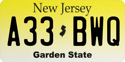 NJ license plate A33BWQ