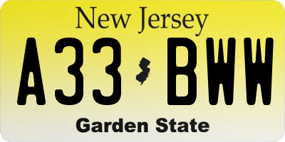 NJ license plate A33BWW