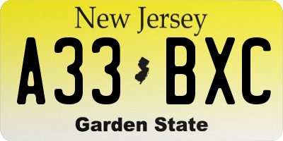NJ license plate A33BXC