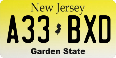 NJ license plate A33BXD