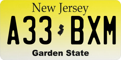 NJ license plate A33BXM