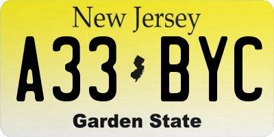 NJ license plate A33BYC