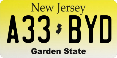 NJ license plate A33BYD