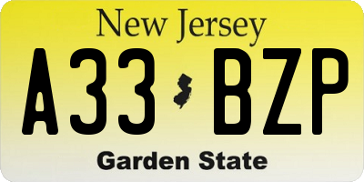 NJ license plate A33BZP