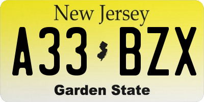 NJ license plate A33BZX