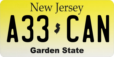 NJ license plate A33CAN