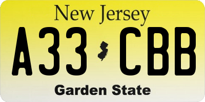 NJ license plate A33CBB