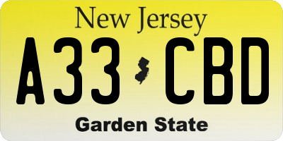 NJ license plate A33CBD