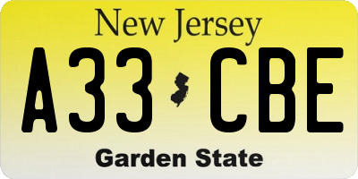 NJ license plate A33CBE