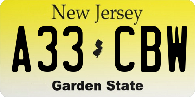 NJ license plate A33CBW