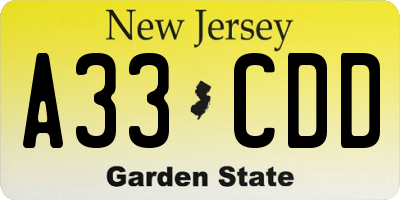 NJ license plate A33CDD