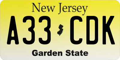 NJ license plate A33CDK