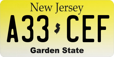 NJ license plate A33CEF