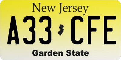 NJ license plate A33CFE