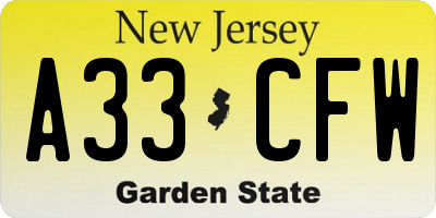 NJ license plate A33CFW