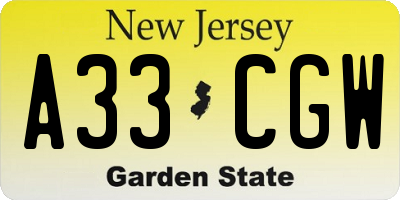NJ license plate A33CGW