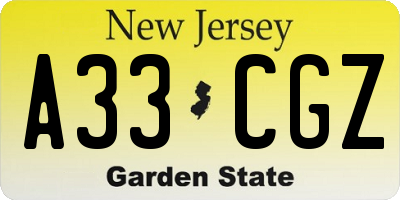 NJ license plate A33CGZ