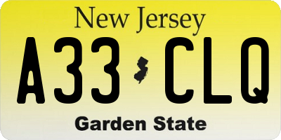 NJ license plate A33CLQ