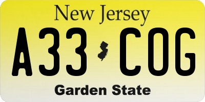 NJ license plate A33COG