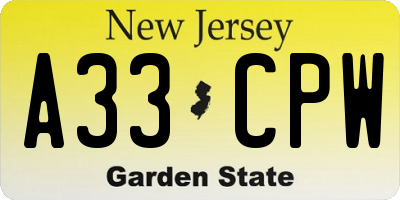 NJ license plate A33CPW