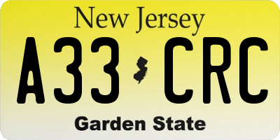 NJ license plate A33CRC