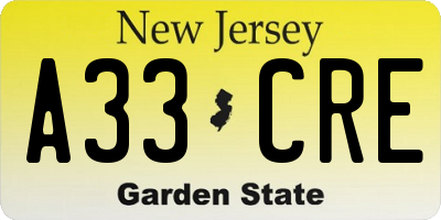 NJ license plate A33CRE