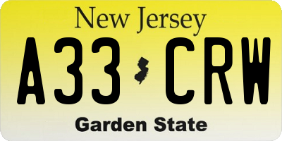 NJ license plate A33CRW