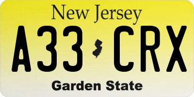 NJ license plate A33CRX