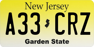 NJ license plate A33CRZ