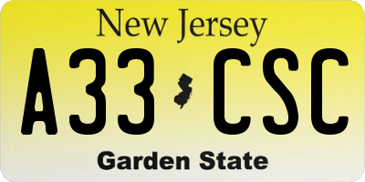 NJ license plate A33CSC
