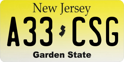 NJ license plate A33CSG