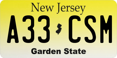 NJ license plate A33CSM