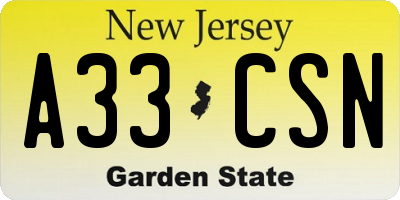 NJ license plate A33CSN