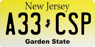 NJ license plate A33CSP
